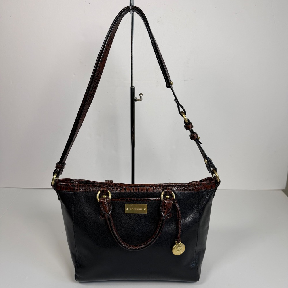 Vintage Brahmin Black Leather Satchel Brown Croc Embossed Shoulder Bag